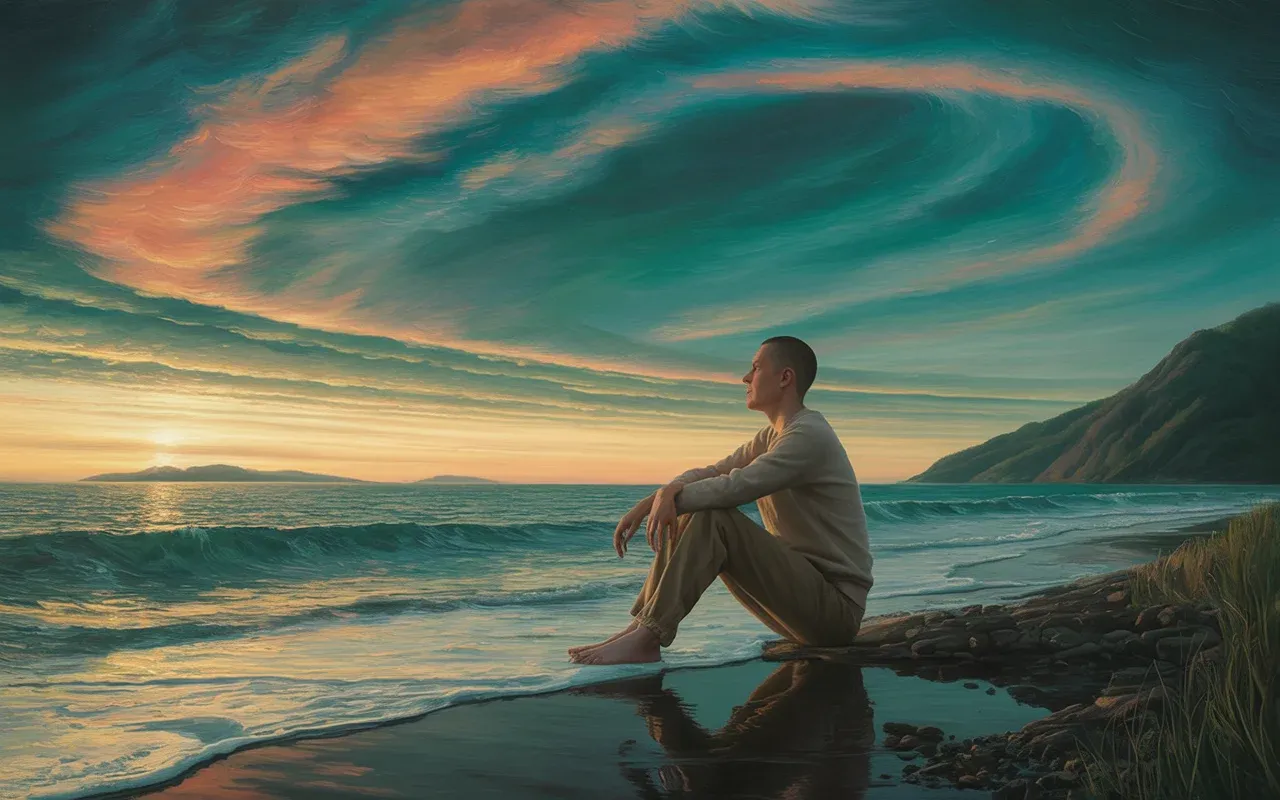 Person sitting alone on a rocky island shore gazing at the horizon in a dreamlike teal and coral sunset