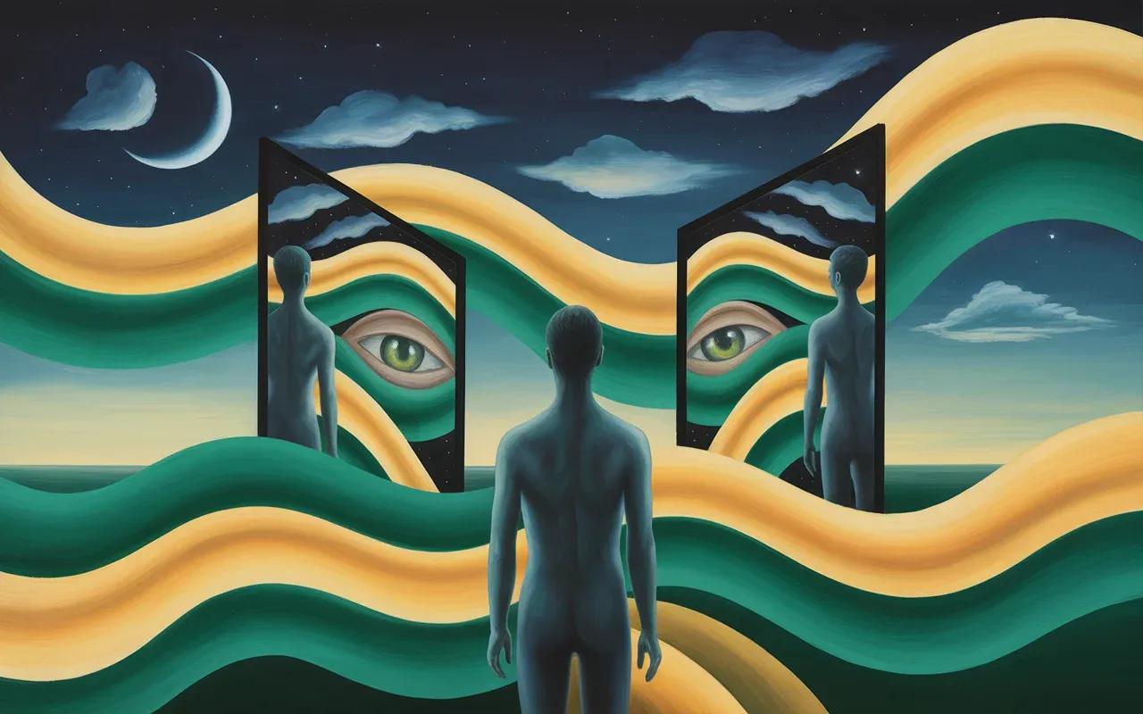 Abstract Jungian dreamscape showing a figure confronting mirrored shadow selves, representing jealousy and insecurity in dreams