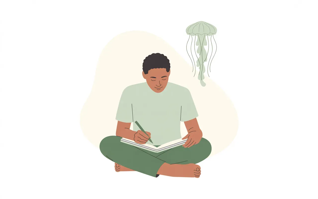 Minimal illustration of person journaling with jellyfish floating above notebook in sage green and cream