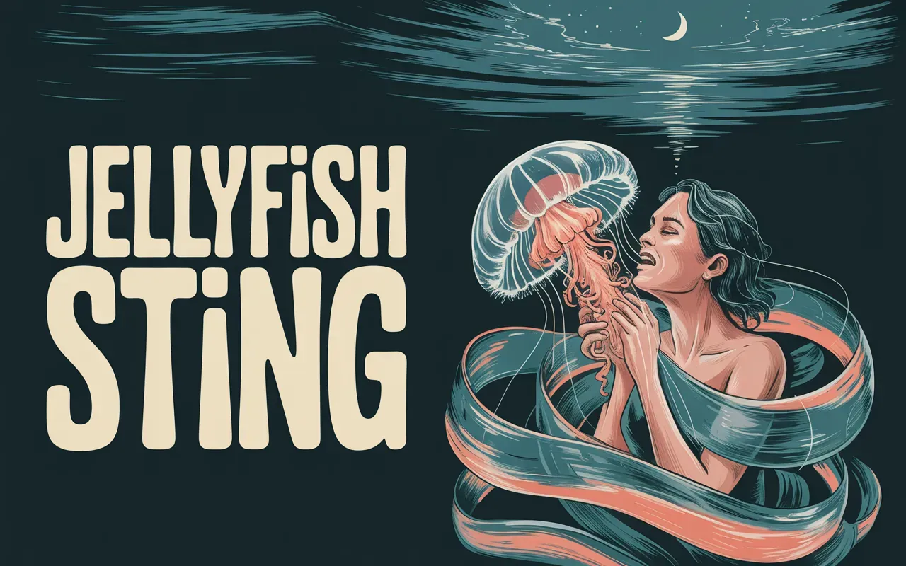 Surrealist painting of a woman being stung by a jellyfish in dark ocean water with teal and coral light
