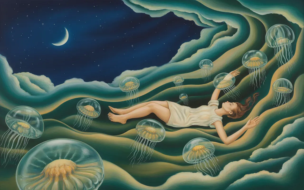Woman floating in Jungian dreamscape with jellyfish tentacles and teal amber light