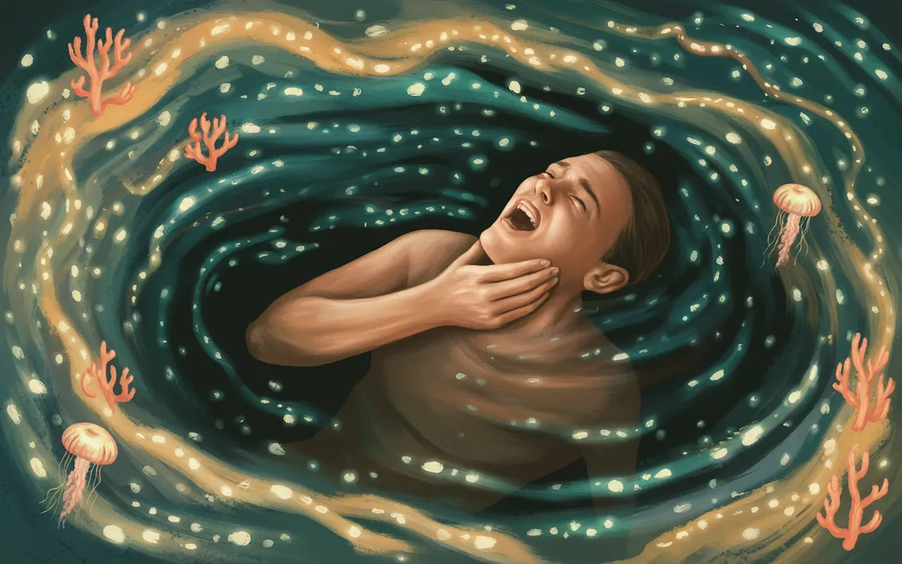 Person recoiling from a jellyfish sting in dark water with bioluminescent dreamscape