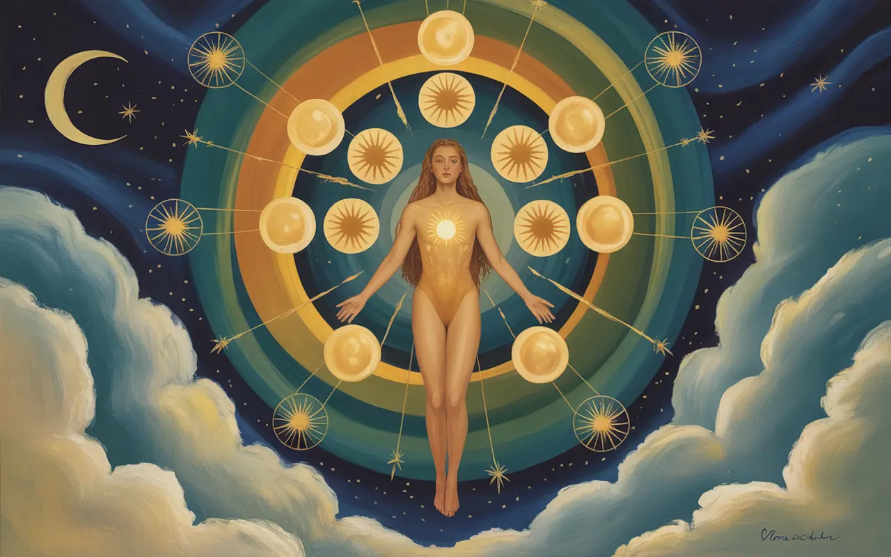 Jungian dreamscape figure floating in golden light representing joy in a dream