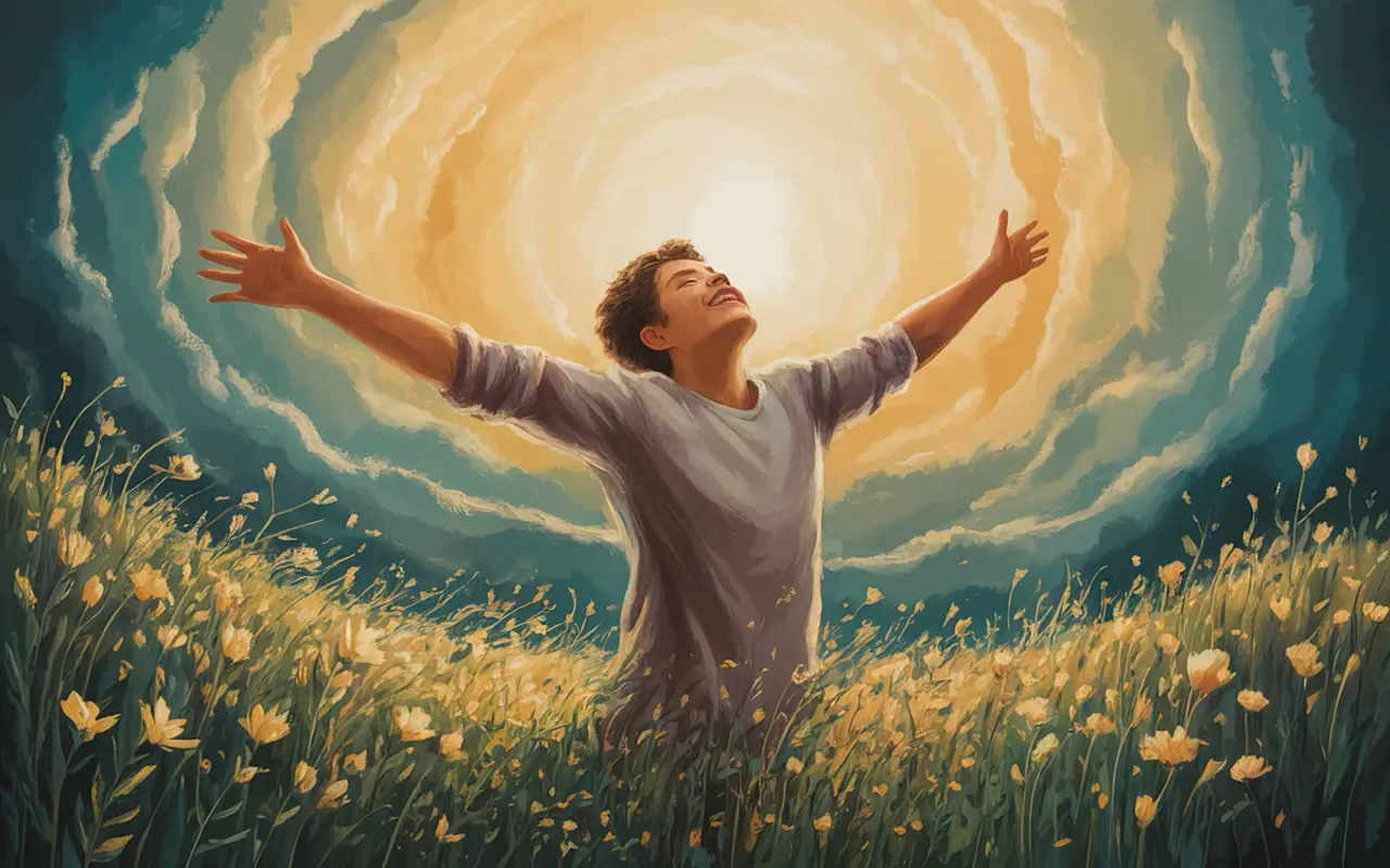 Person floating in golden dreamscape experiencing pure joy and bliss in a dream