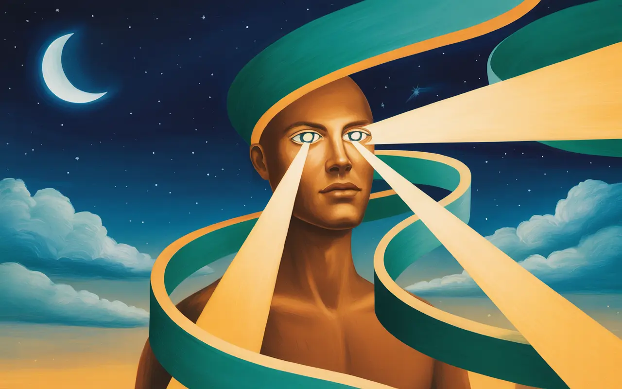 Abstract Jungian dreamscape showing a human figure with glowing eyes emitting beams of focused light energy, swirling teal and amber ribbons, deep navy sky with crescent moon