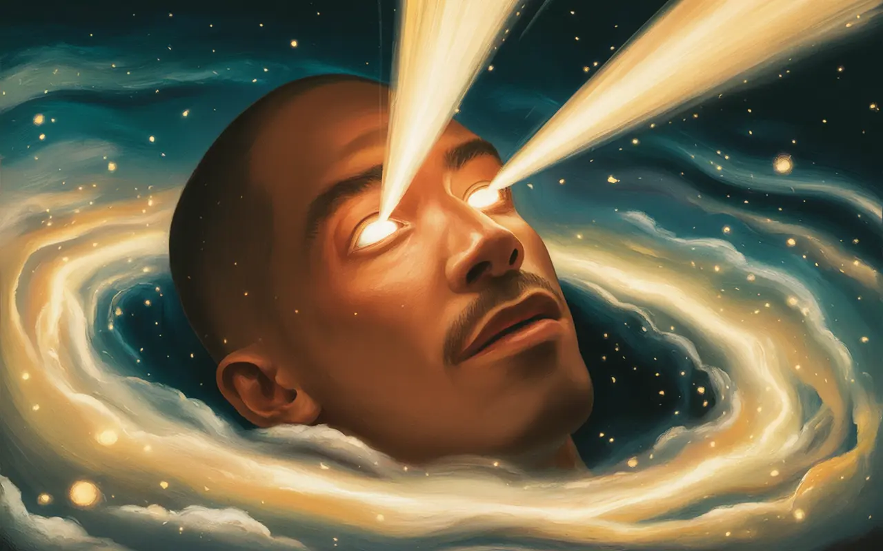 Person floating in a dream state with radiant glowing eyes emitting focused light beams, swirling dreamscape with cosmic energy, warm golden and teal tones, painterly surrealist style