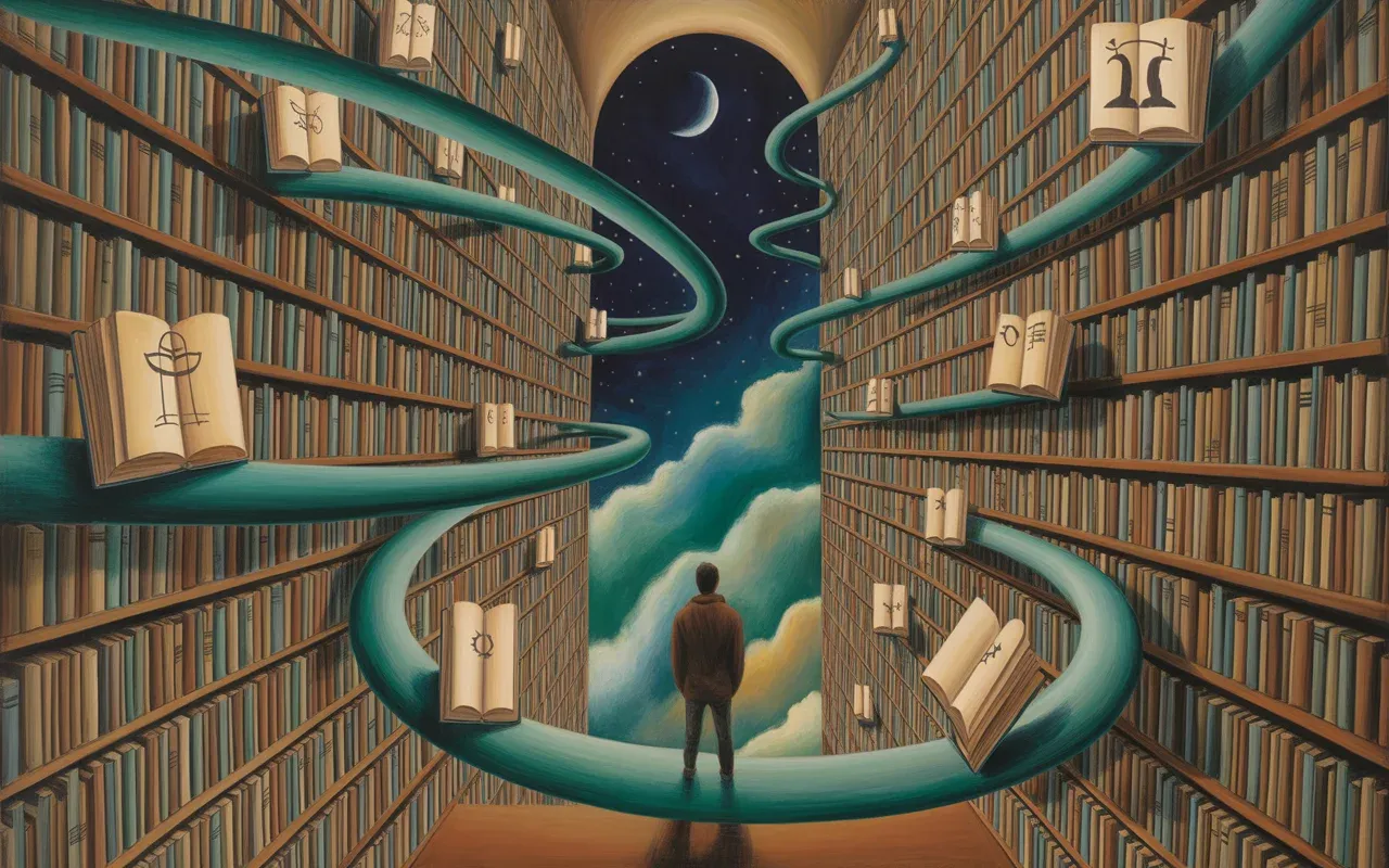 Solitary figure standing in an infinite dream library with glowing bookshelves, teal and amber light, and a crescent moon visible above