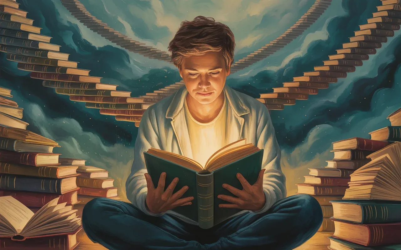 Person sitting and reading a glowing book in a dreamlike library with floating books and teal mist