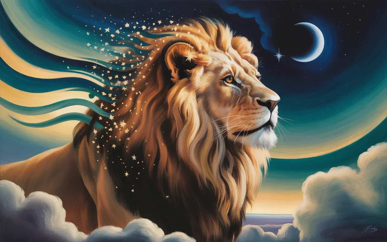 Abstract Jungian dreamscape with lion archetype and swirling teal and amber light representing the unconscious