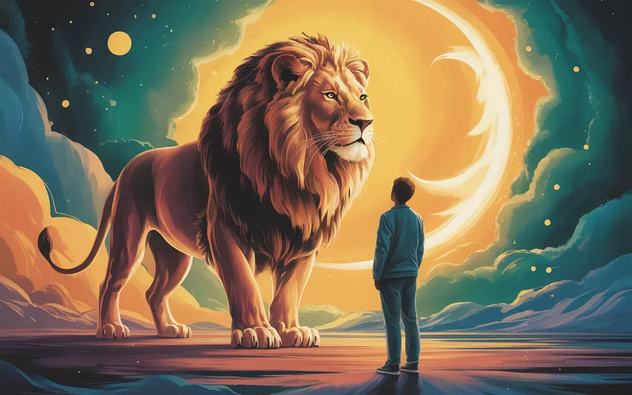 Person standing before a glowing lion in a surreal dreamscape representing courage and inner strength