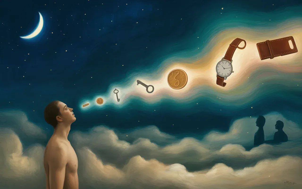 A solitary figure in a Jungian dreamscape, objects dissolving into swirling teal and amber light — symbolising loss and release in dreams