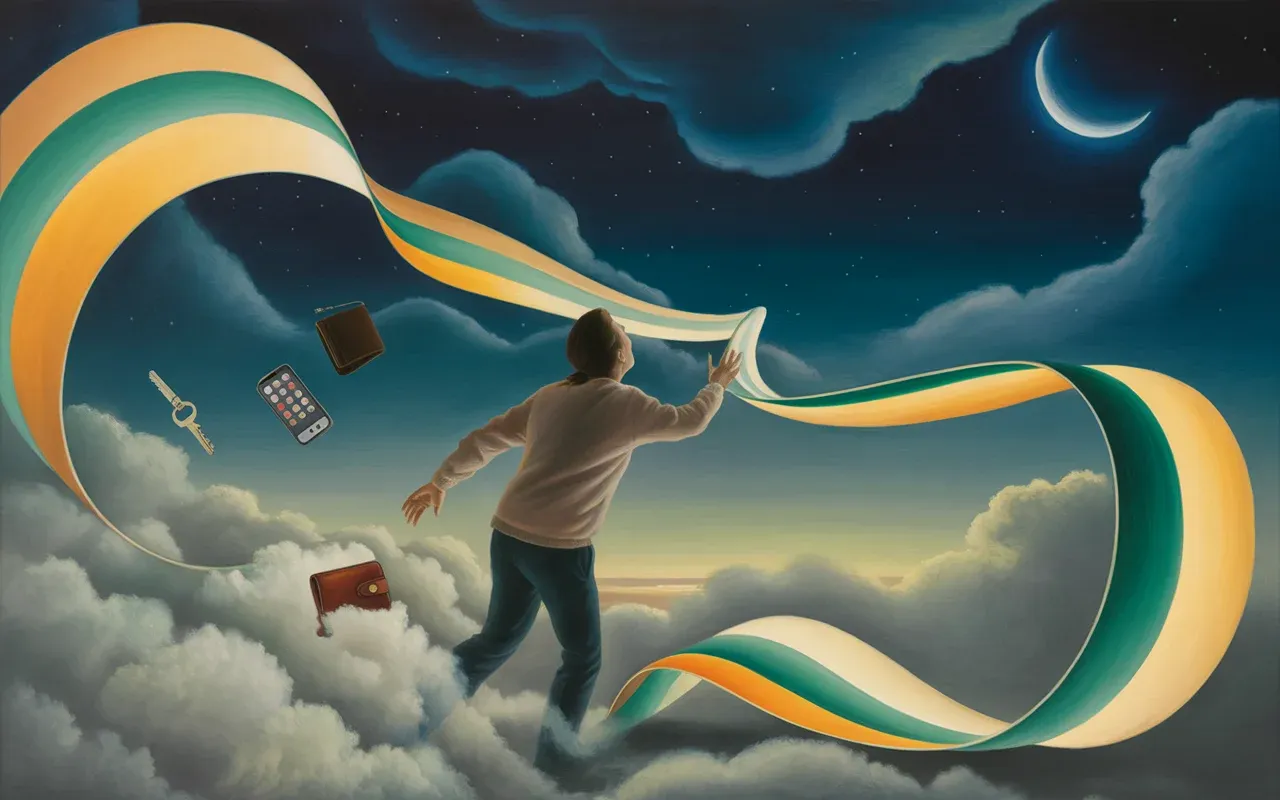Person searching for lost objects in a surreal Jungian dreamscape with floating phone, wallet and keys dissolving into mist