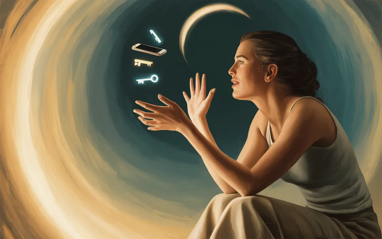 Woman reaching for floating glowing keys and phone just out of reach in a warm golden and teal dreamscape with crescent moon