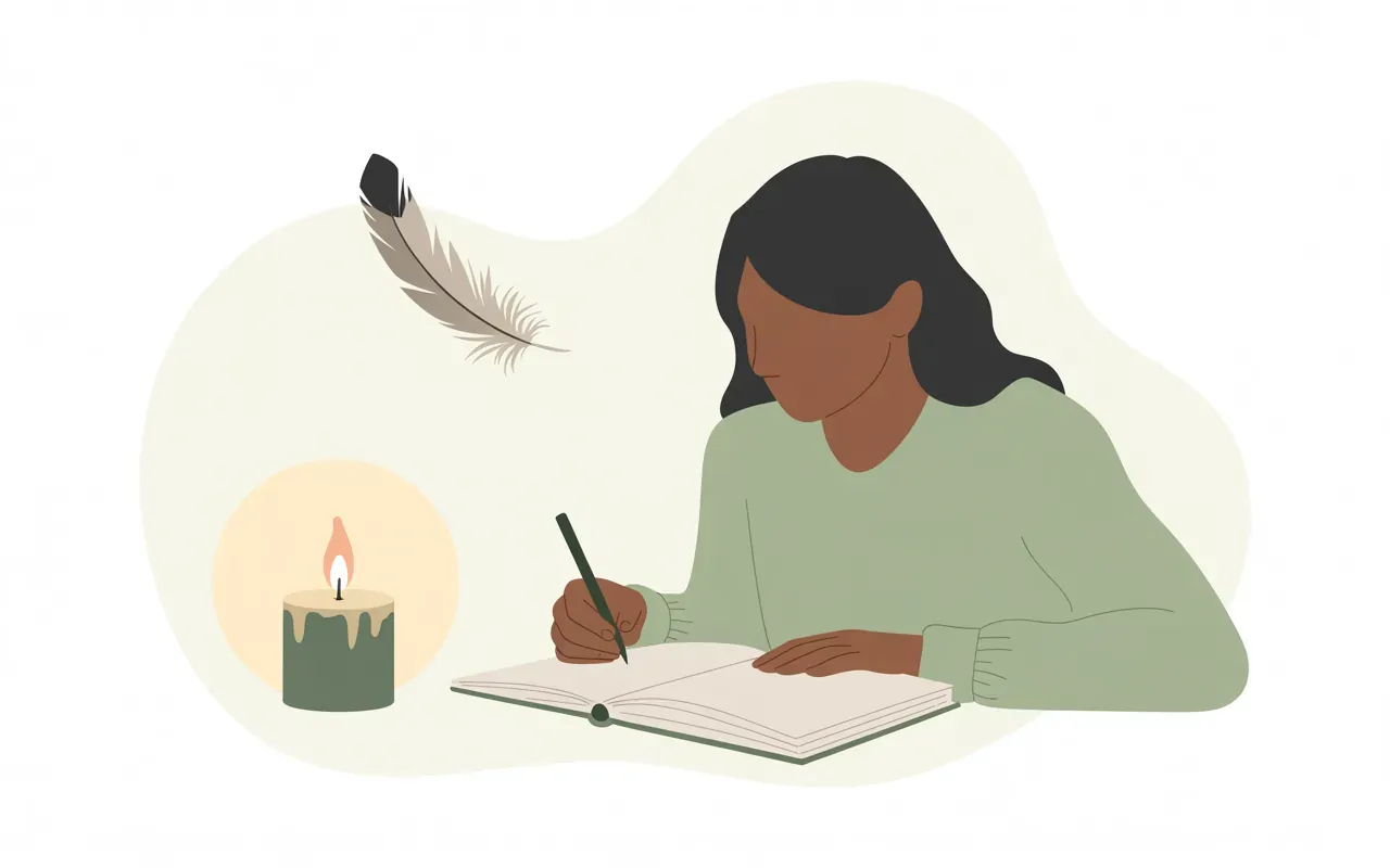 Minimal illustration of person journaling with candle and floating feather
