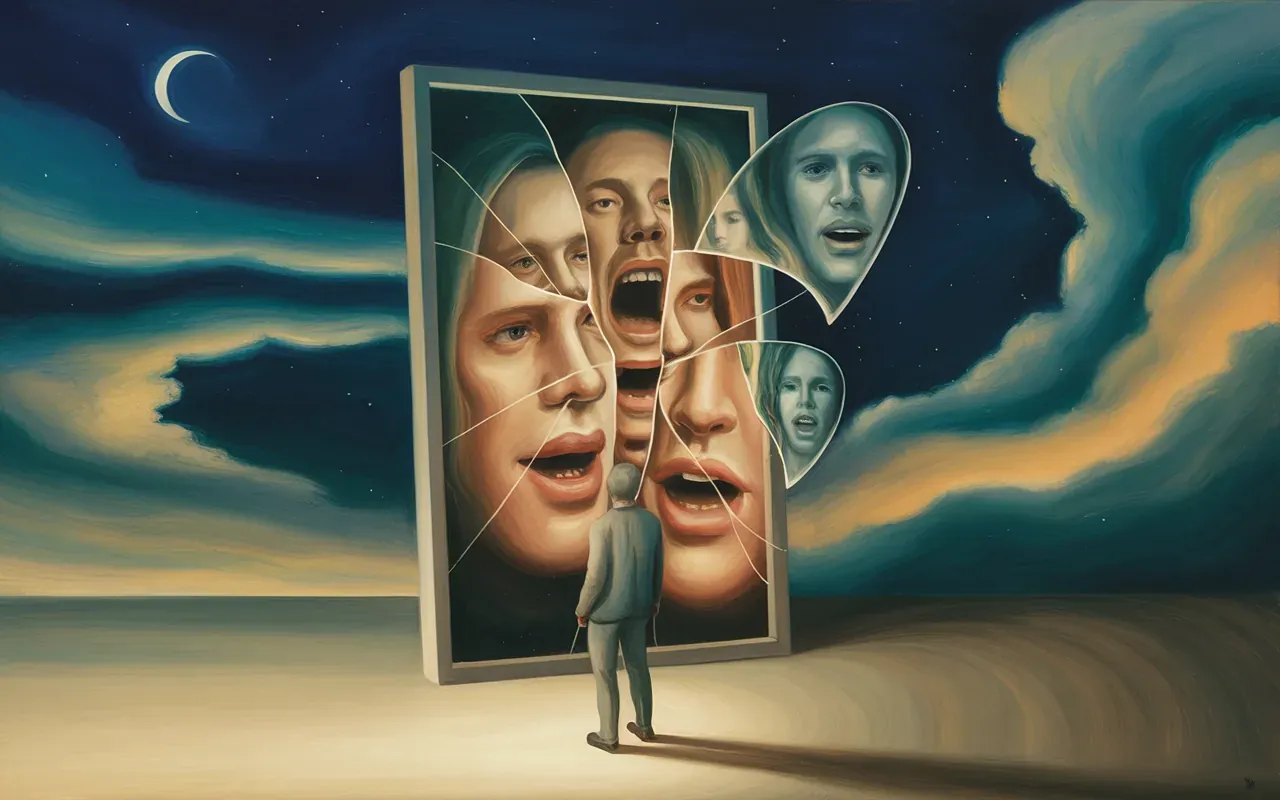 Jungian dreamscape with shattered mirror and silent mouths in teal light