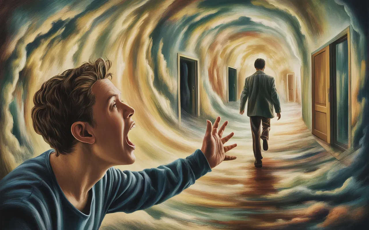 Person reaching out trying to speak in a dreamscape with dissolving corridors