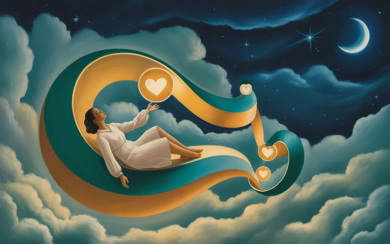 Woman floating in Jungian dreamscape surrounded by glowing heart symbols and teal ribbons of light, magical realism oil painting