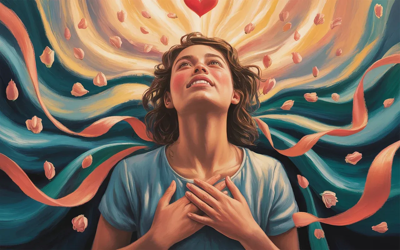 Young woman with hands over heart glowing with warm light in swirling dreamscape of rose petals and golden teal light beams, painterly digital art