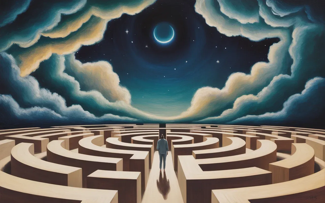 Surrealist Jungian dreamscape showing a figure at a maze crossroads with teal and amber light