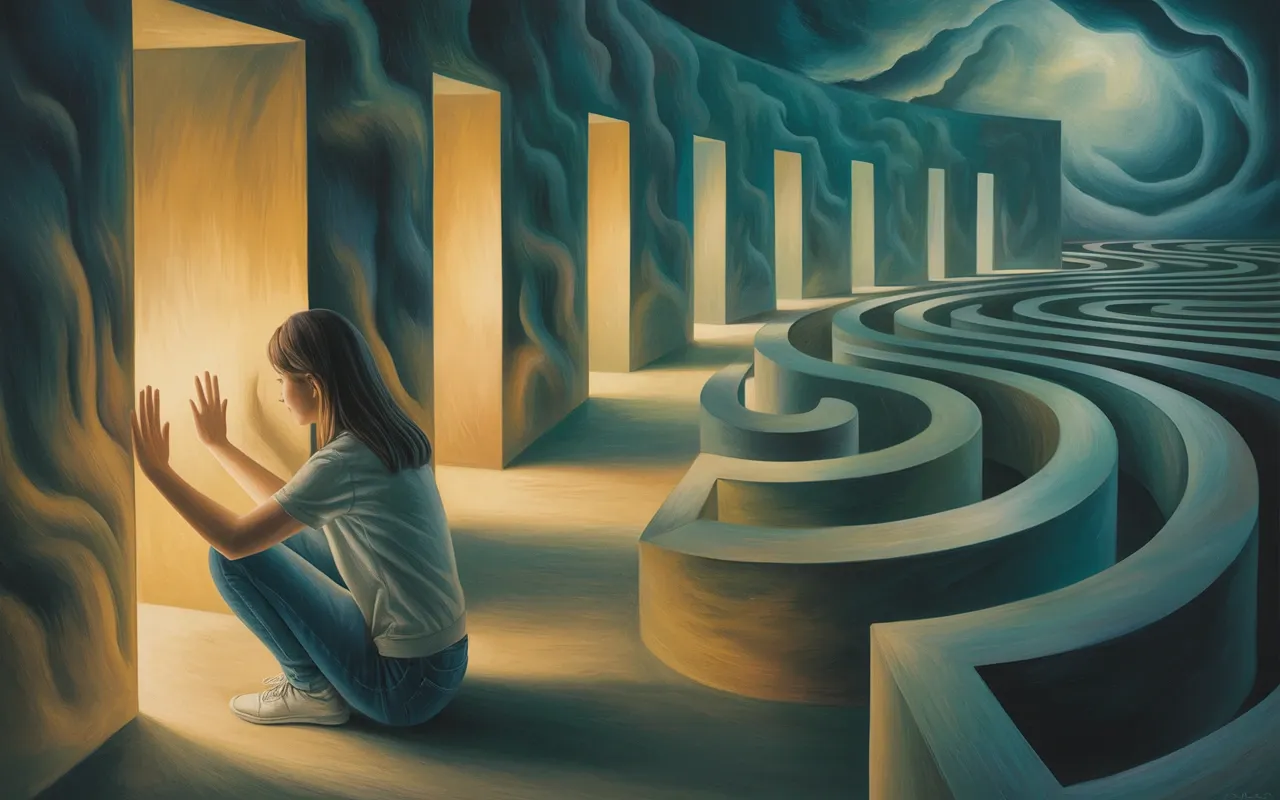 Woman searching at a dead end in an ethereal dreamlike maze with golden teal light