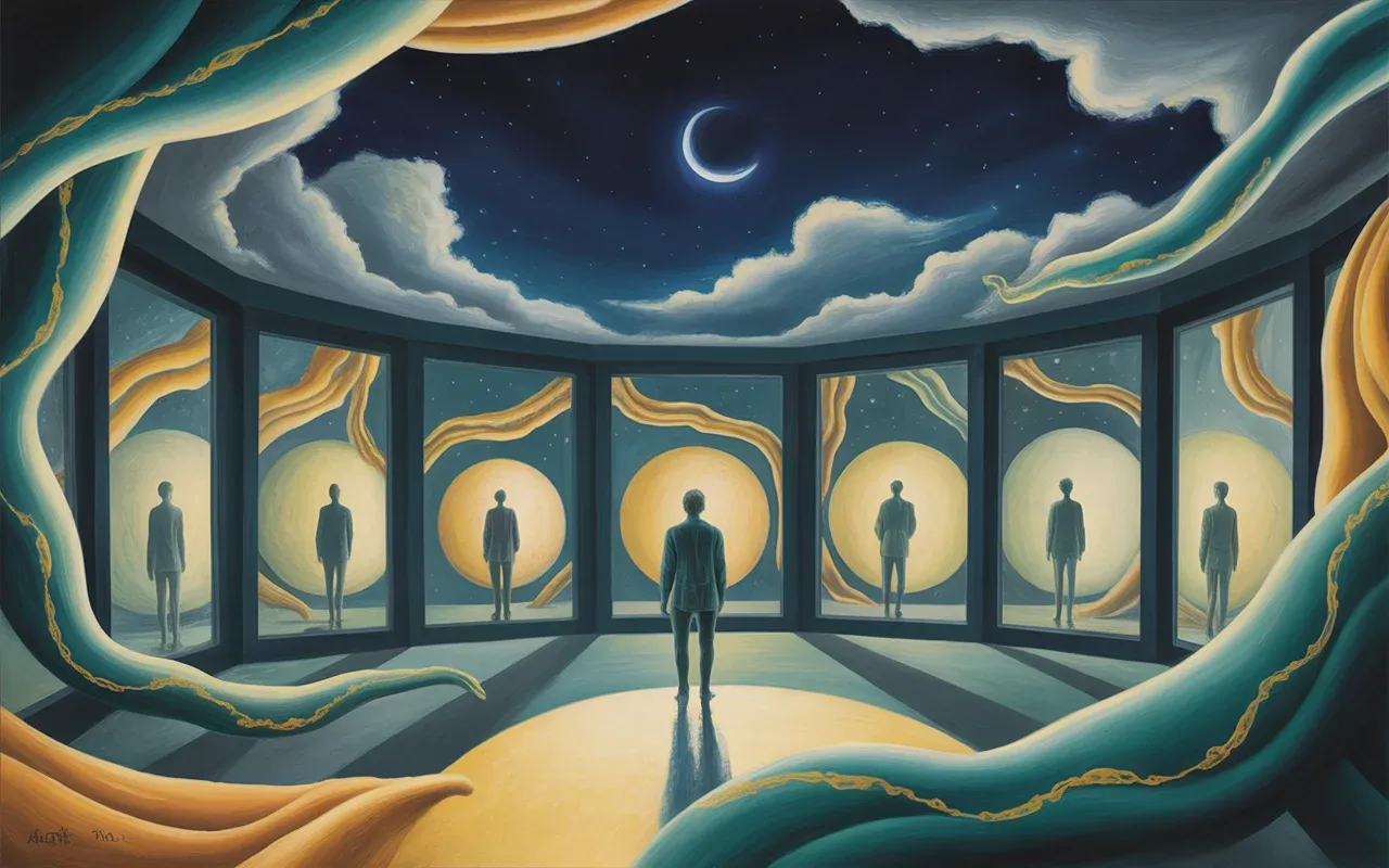 Jungian dreamscape with multiple reflections of the self in a hall of mirrors surrounded by teal and amber light