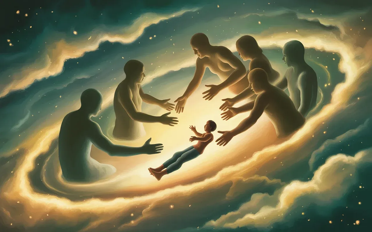 Person floating in cosmic void surrounded by translucent alternate selves merging in warm golden and teal light