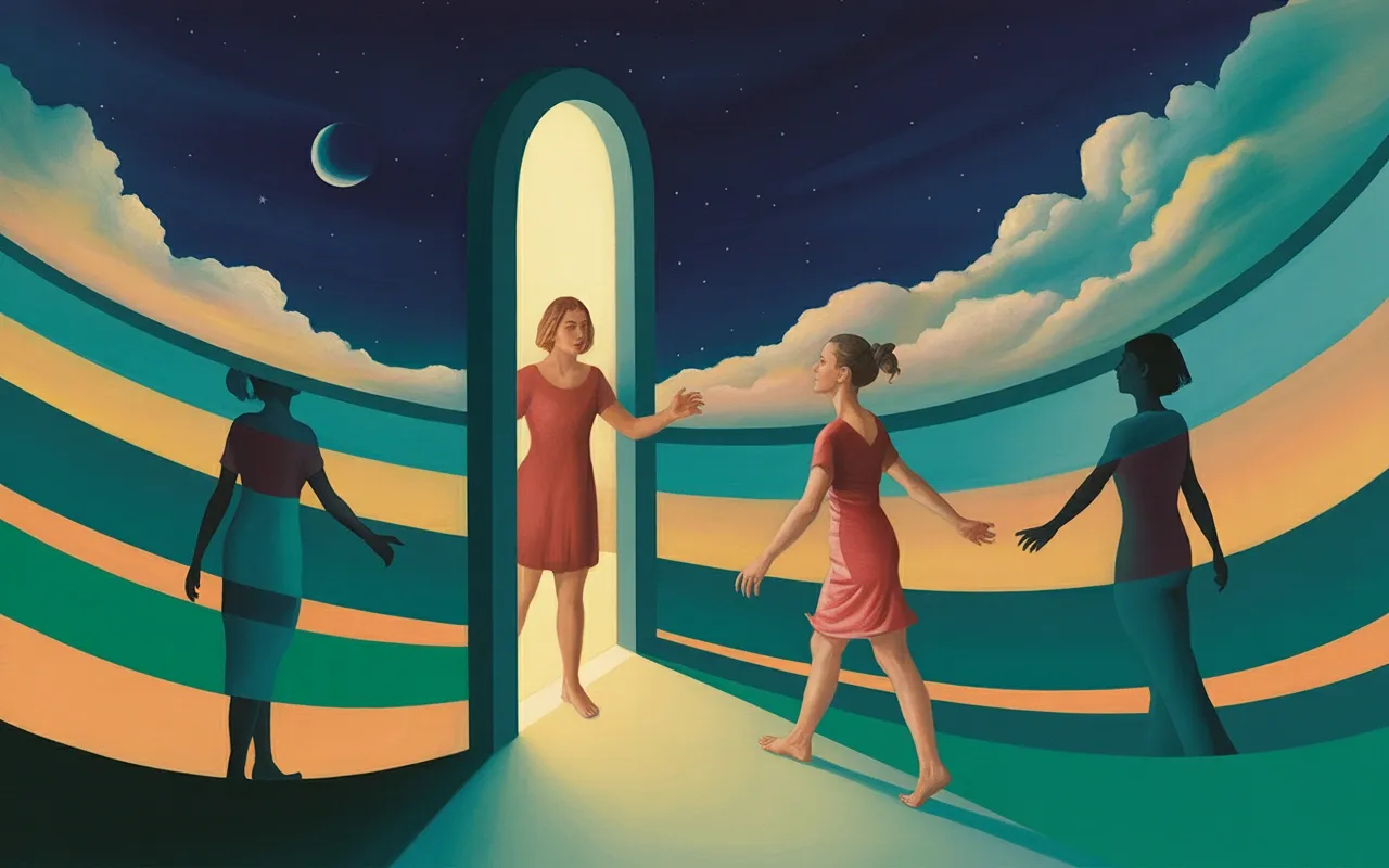 Woman stepping through a glowing mirror portal in a surreal Jungian dreamscape with teal and amber light