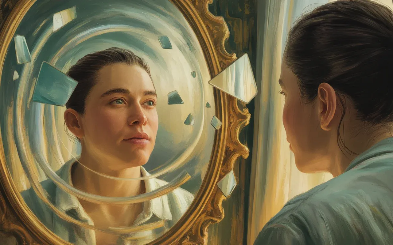 Person gazing at a different reflection of themselves in an ornate golden mirror in a dreamscape