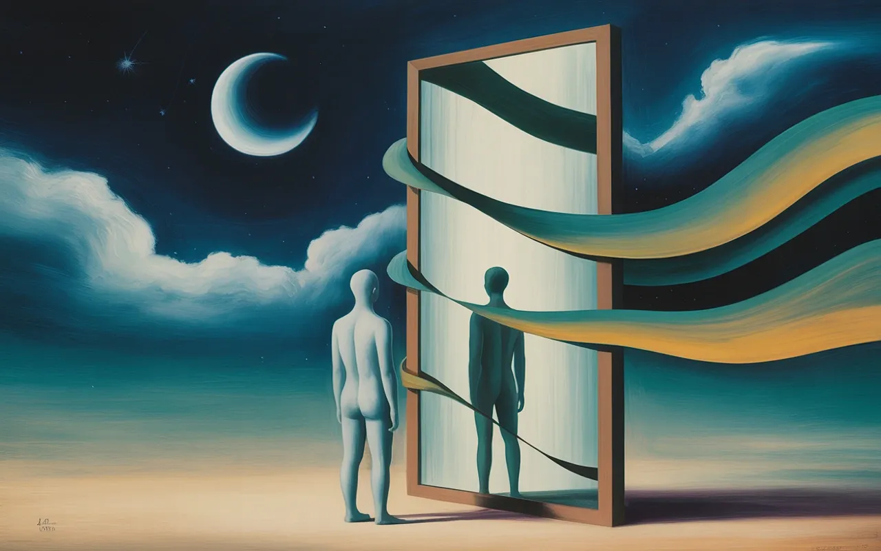 Jungian dreamscape of a person facing their shadow self in a fractured mirror, swirling teal and amber light