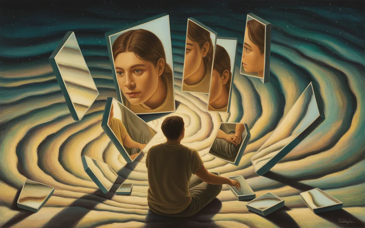Person surrounded by floating mirror shards each reflecting a different version of themselves in a golden dreamscape