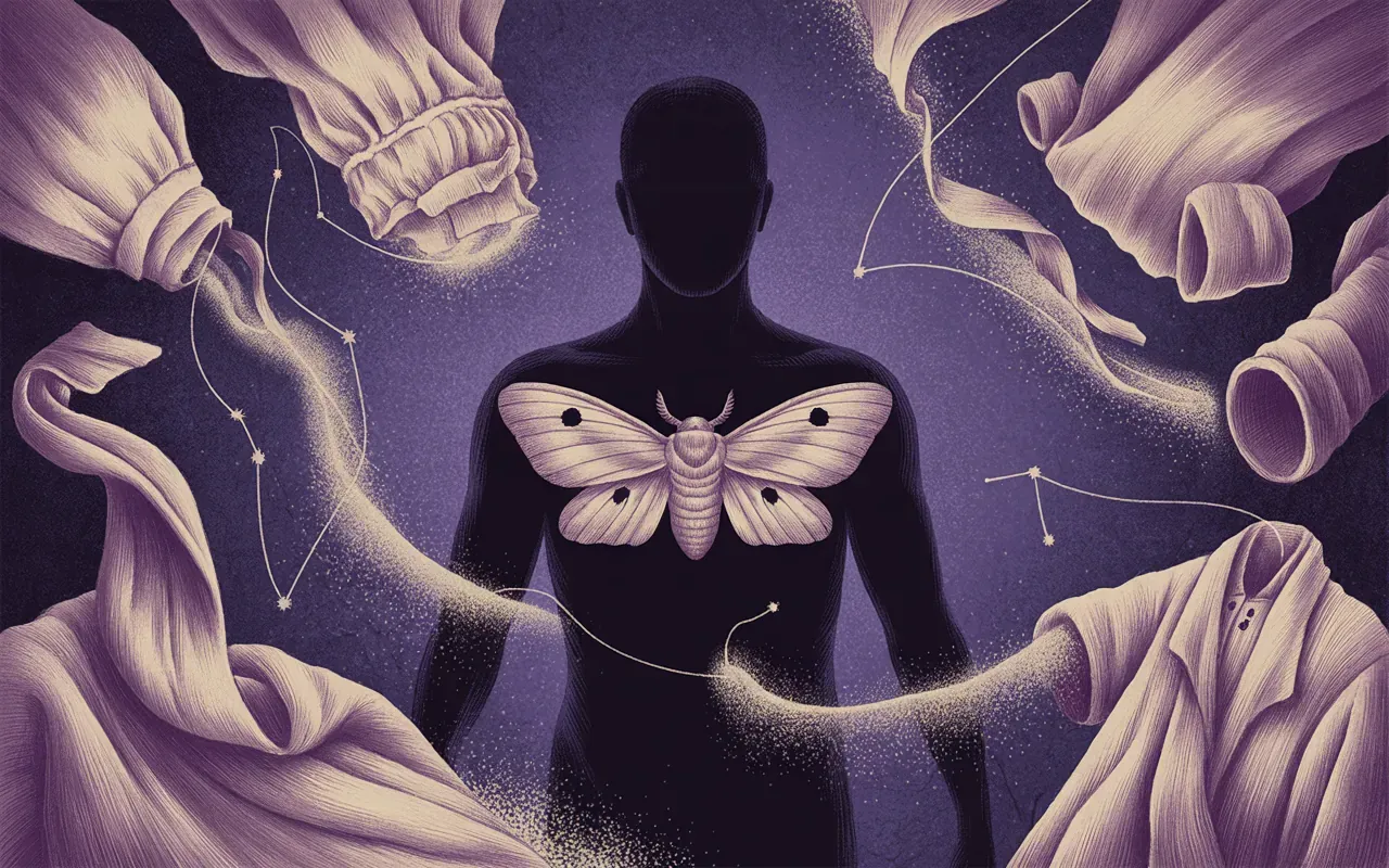 Surreal Jungian illustration of a human silhouette with moth wings and dissolving garments representing psychological shadow and decay