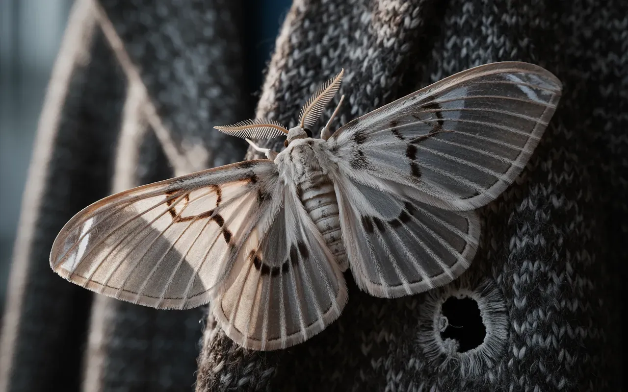 Photorealistic close-up of a pale moth resting on a dark wool coat with visible moth holes, cinematic macro photography
