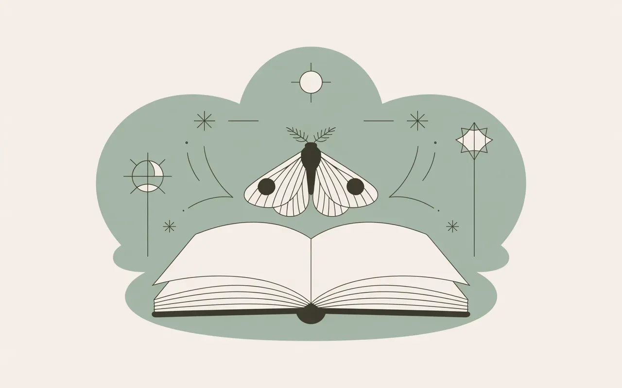 Minimal flat illustration of an open journal with a moth drawing, representing reflection and dream journaling practice