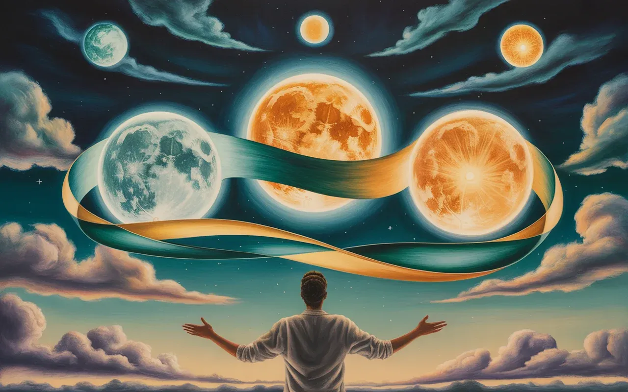 Abstract Jungian dreamscape showing multiple moons and suns in the sky symbolizing emotional and spiritual amplification