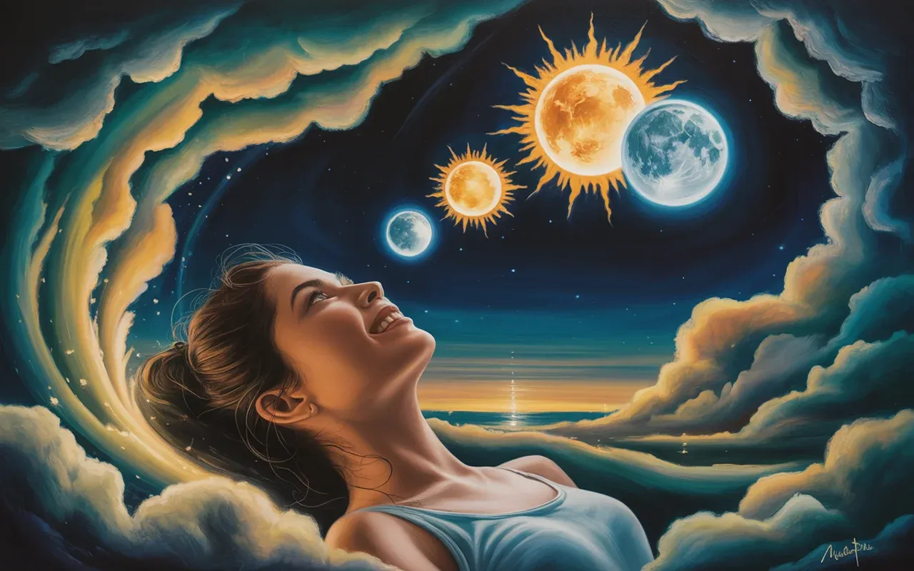 Woman lying in a dreamscape gazing at multiple moons and suns visible simultaneously in an impossible sky