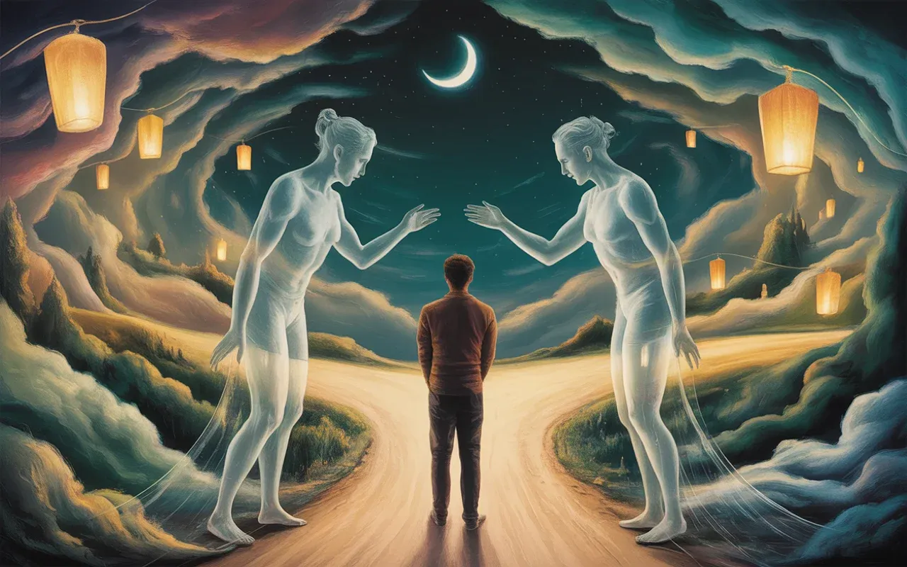 Person at crossroads guided by translucent spirit figures in warm golden and teal dreamscape