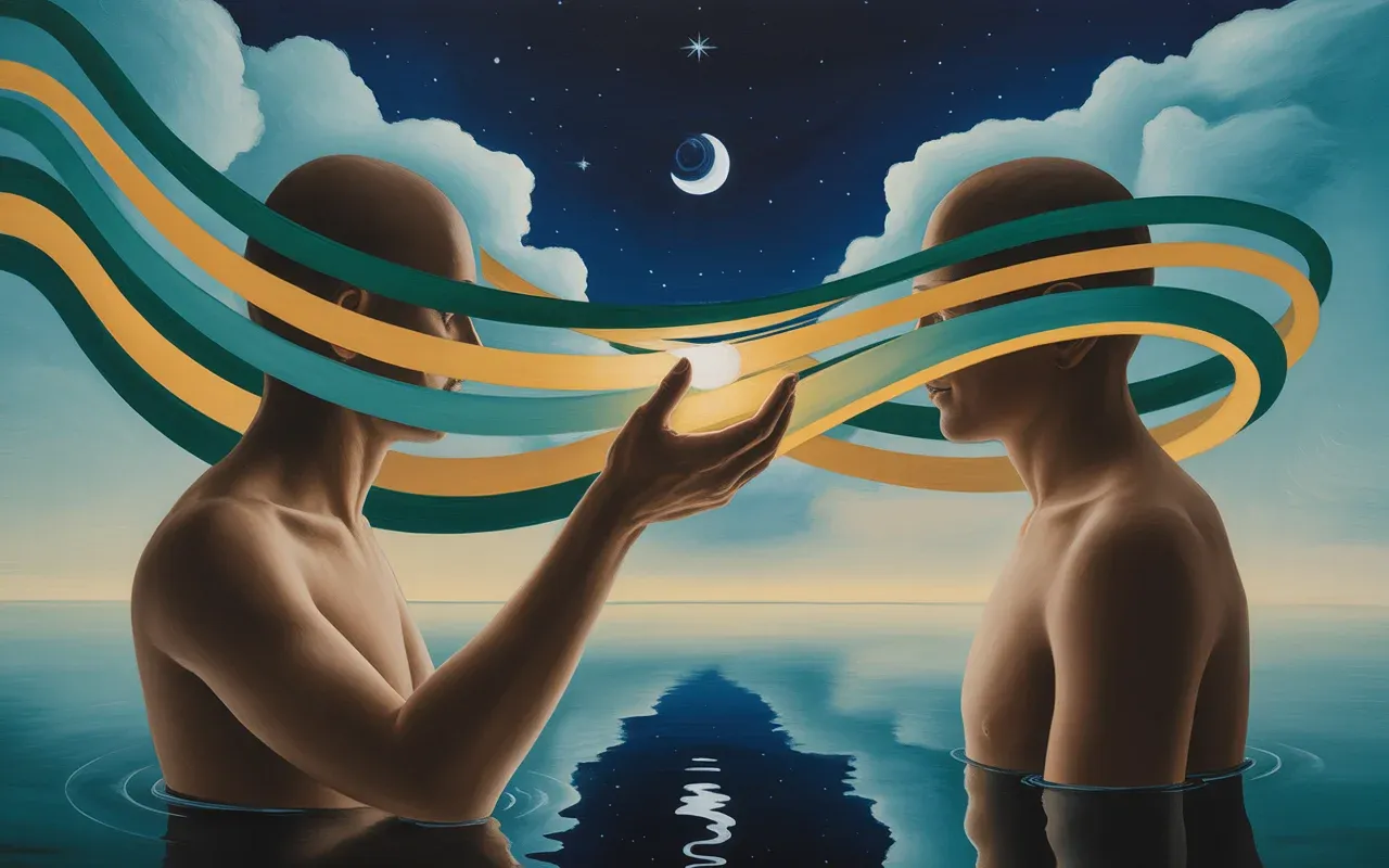 Two figures exchanging golden light in a Jungian dreamscape with teal ribbons and crescent moon