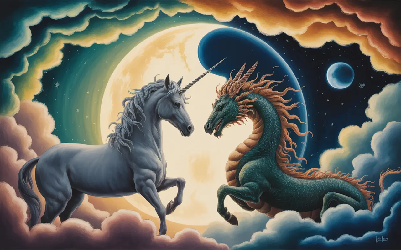 Unicorn and dragon facing each other in a Jungian archetypal dreamscape representing inner duality