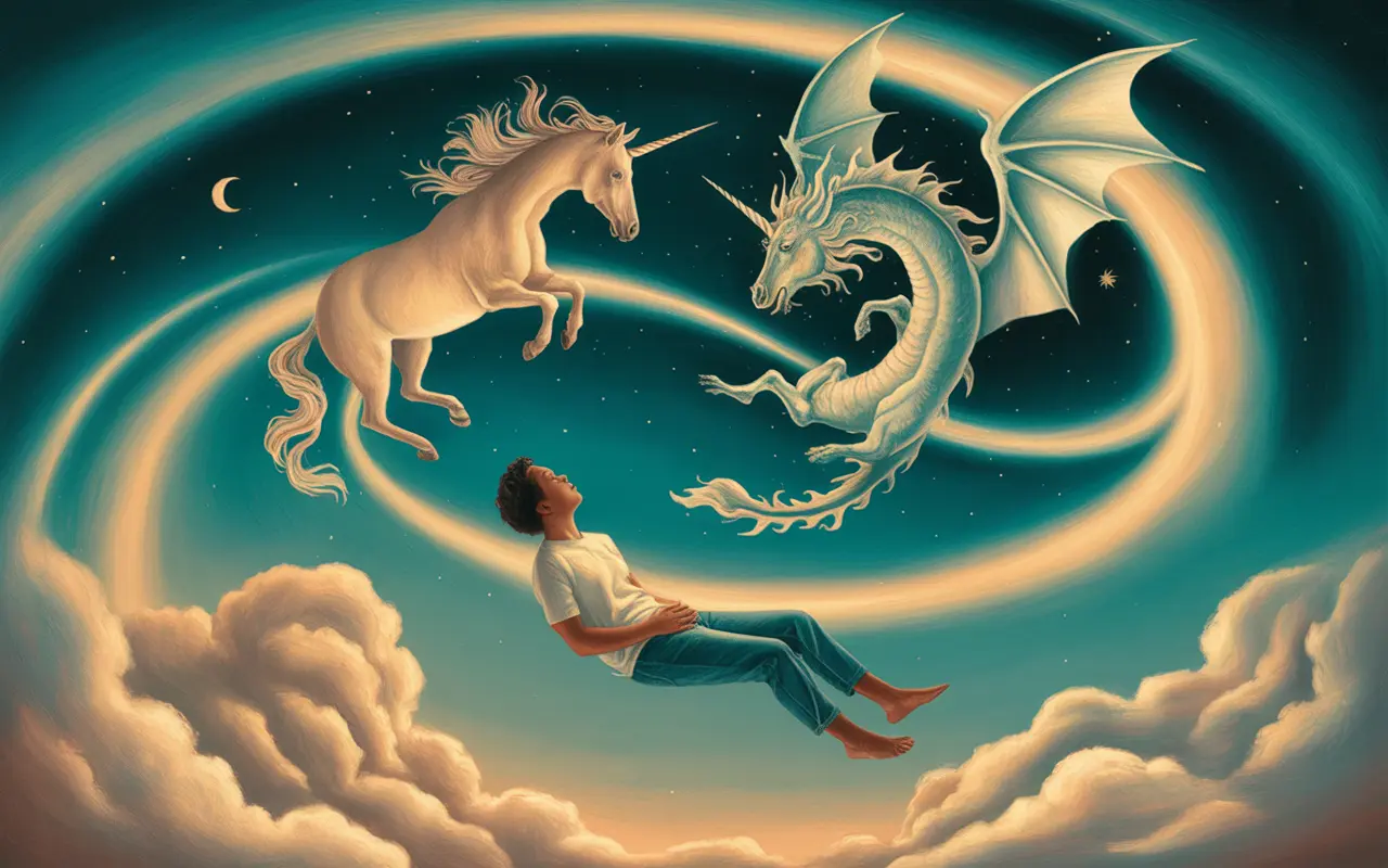 Dreamer floating surrounded by unicorn and dragon in a luminous magical dreamscape