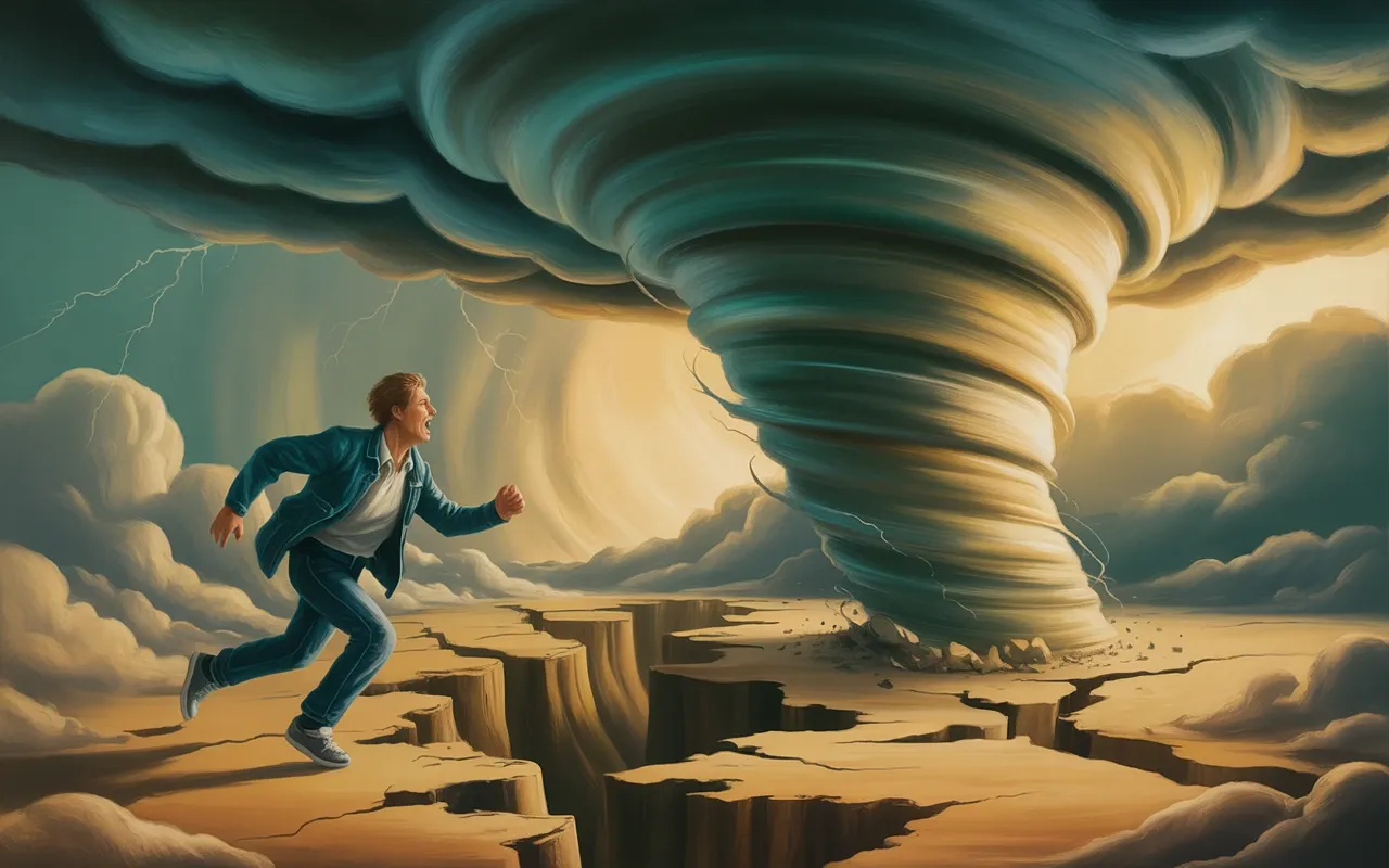 Person running through storm-torn dreamscape chased by swirling tornado funnel with teal and golden light — dream meaning illustration