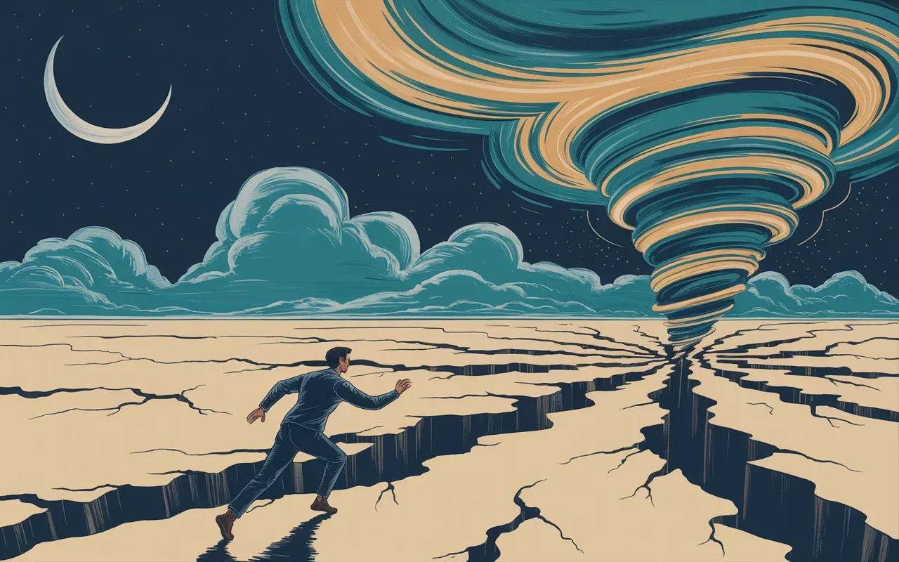 Person in Jungian dreamscape fleeing swirling tornado and earthquake fissures under crescent moon — symbolic dream interpretation art