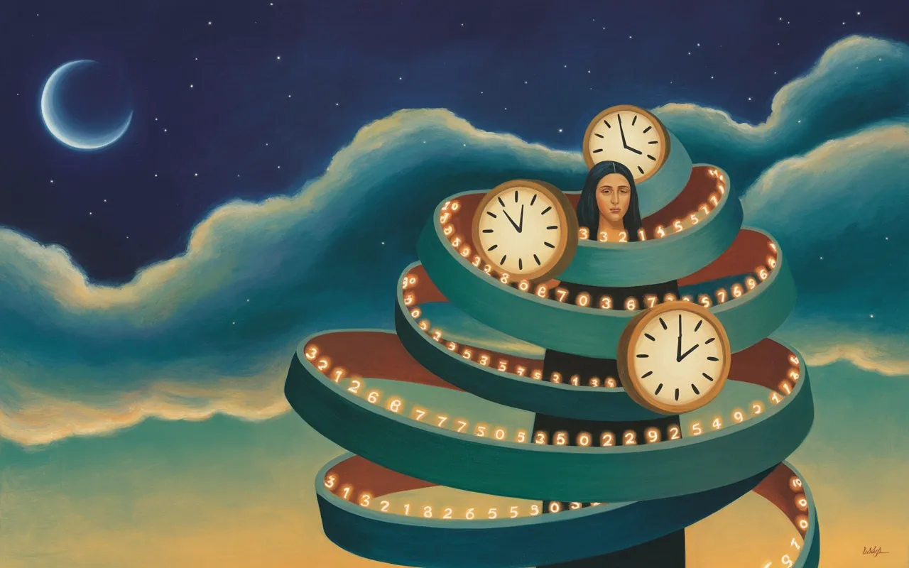 Jungian dreamscape with floating clocks and glowing number sequences, teal and amber light, crescent moon, surrealist painting style