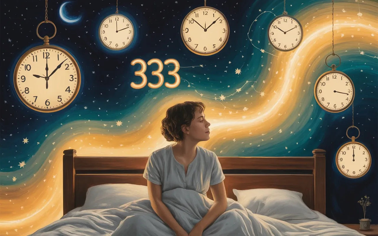 Person waking from sleep surrounded by glowing floating clocks and angel number sequences in a surrealist dreamscape painting