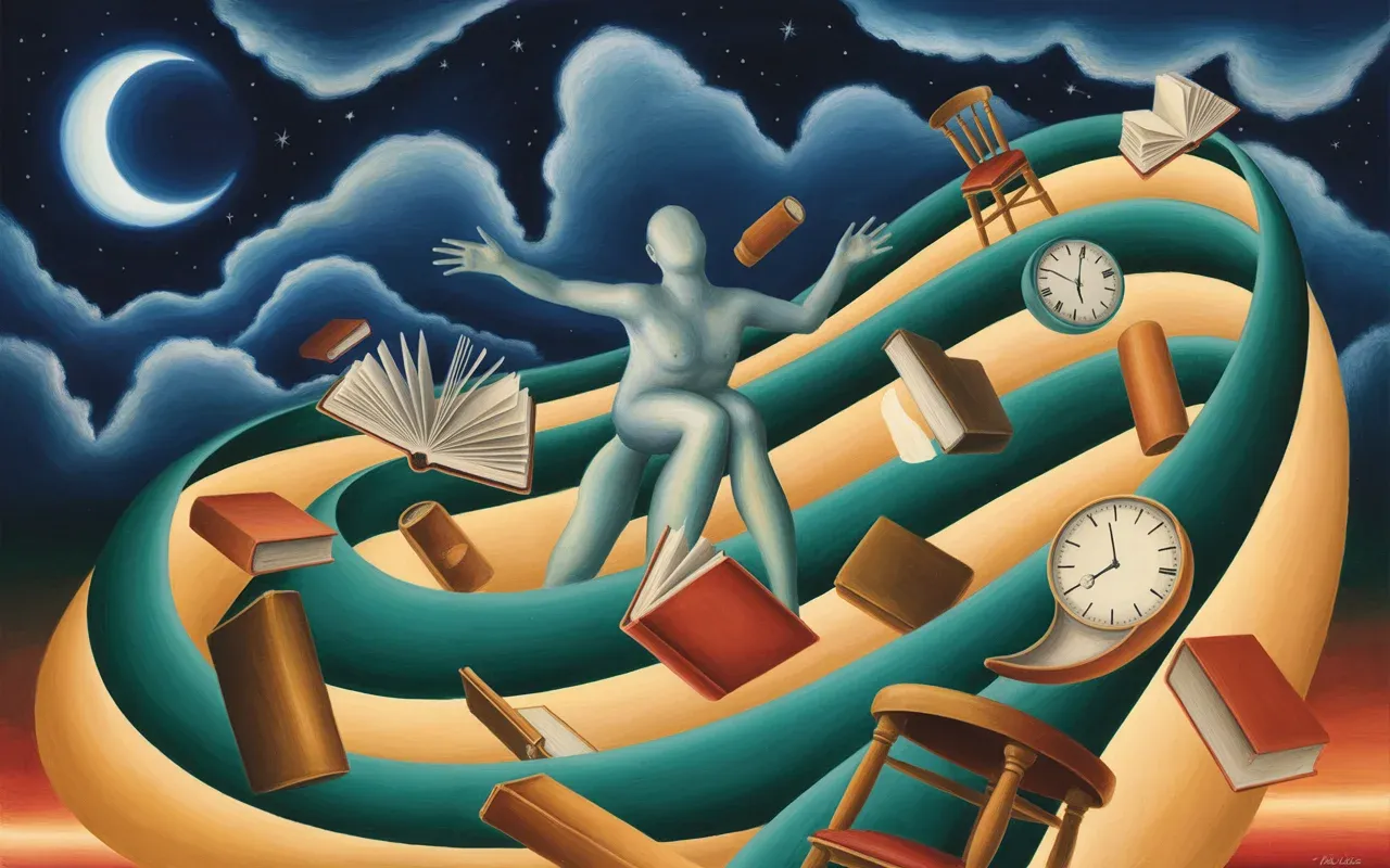 Jungian dreamscape showing household objects awakening to life with swirling teal and amber light