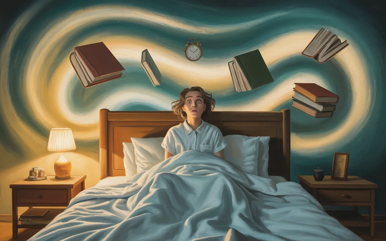 Person in bed watching bedroom objects float and glow in a warm dreamlike light