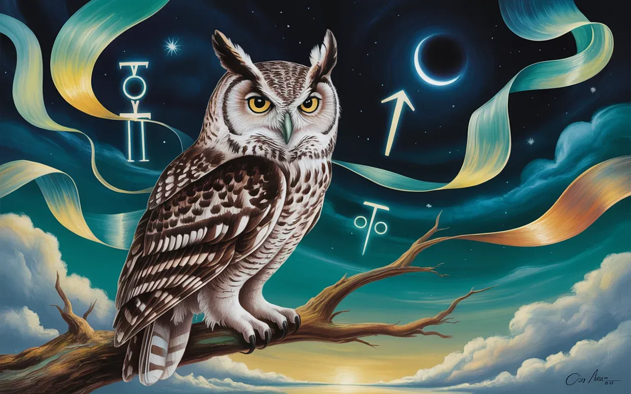 Wise owl in a Jungian dreamscape with swirling teal and amber light against a deep navy sky