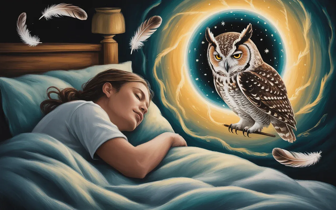Person sleeping in moonlit room with a luminous owl watching over them in a surrealist dreamscape