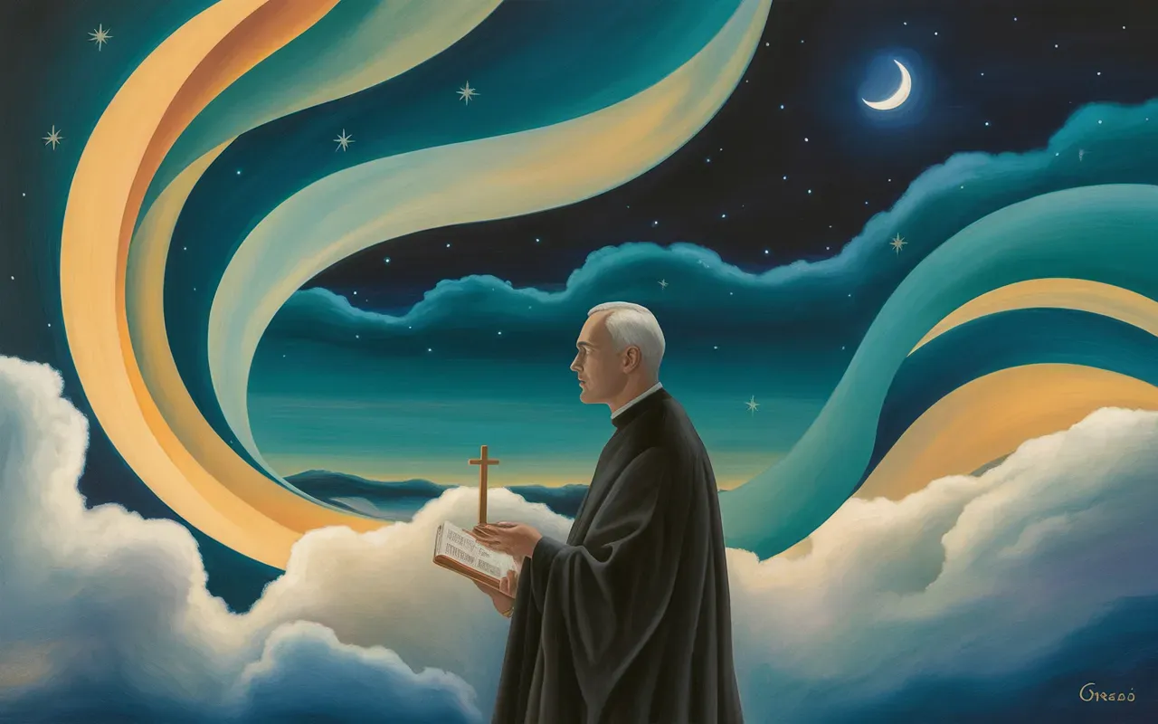 Pastor in abstract Jungian dreamscape with teal and amber light