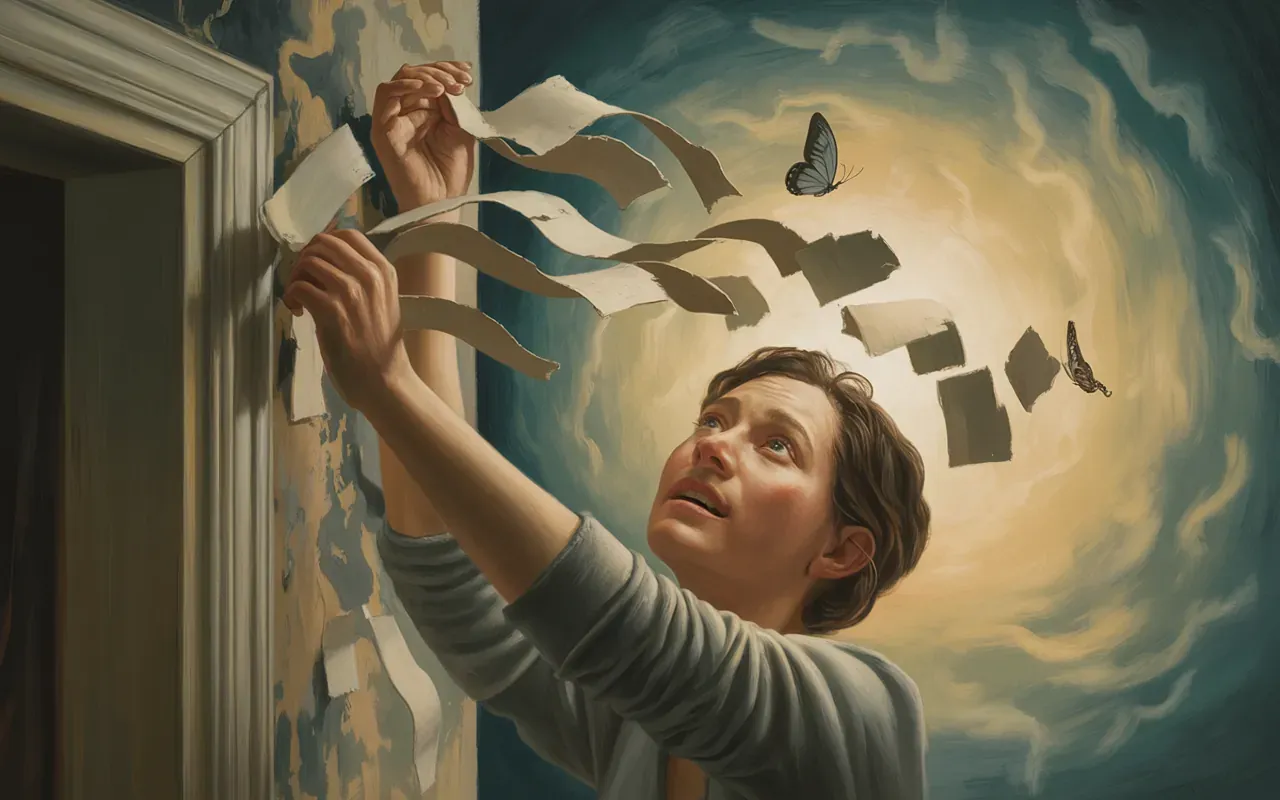 Person peeling wallpaper in a dream