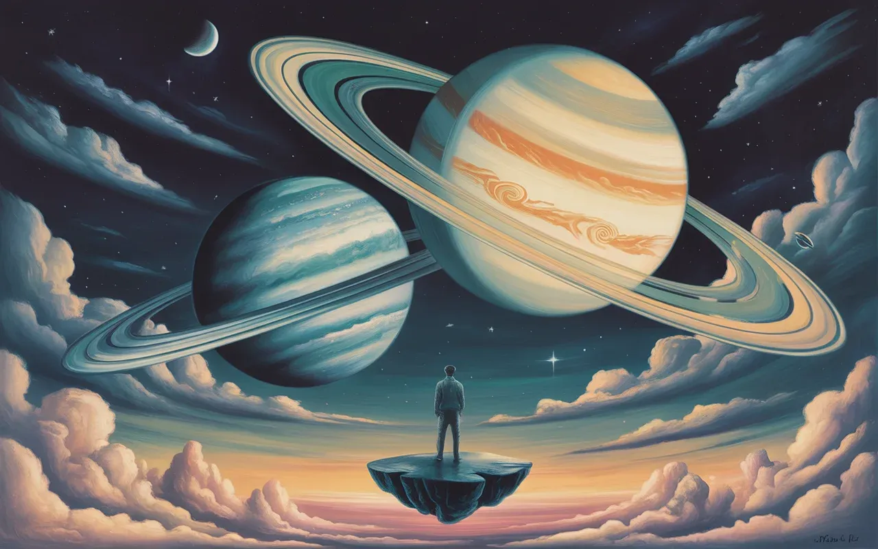 Jungian dreamscape with a figure gazing at glowing planets surrounded by teal and amber light ribbons